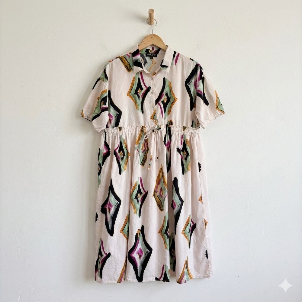 Magari Made in Italy 100% Cotton Abstract Diamond Shirt Dress Large Cream